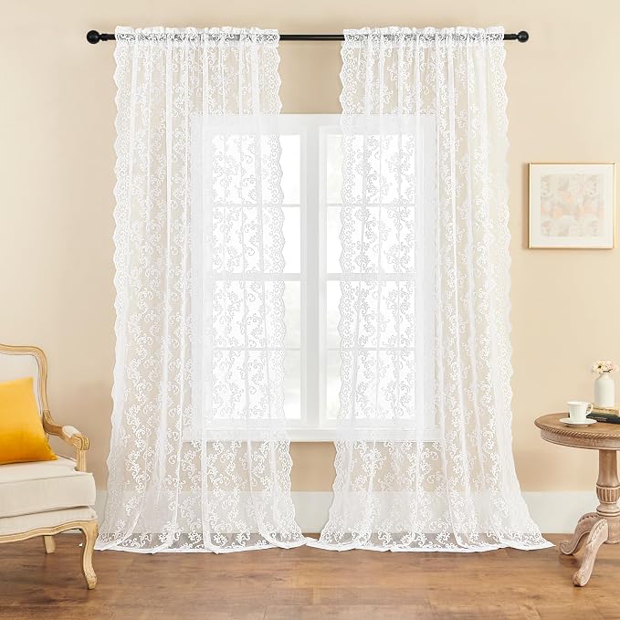 Sheer Lace Curtains 72 Inch Length 2 Panels set Victorian Floral Paisley - Image 2