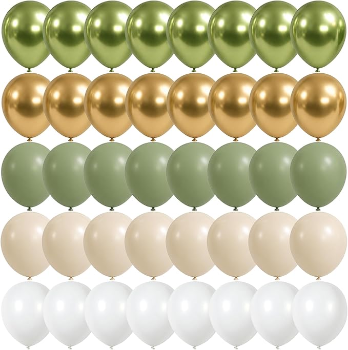 Sage Green Gold Balloons, 12 Inch 60 Pcs Metallic Olive Green White Gold by Govpy