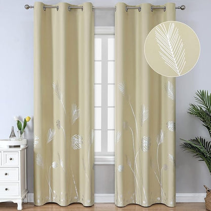 Silver Palm Leaf and Wheat Pattern Beige Blackout Curtains by ESTELARTEXTILER