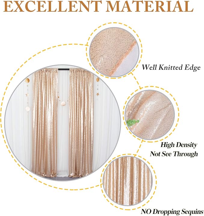 ShinyBeauty Champagne Backdrop Curtains 2 Pieces Sequin Photograph Backdrops - Image 4