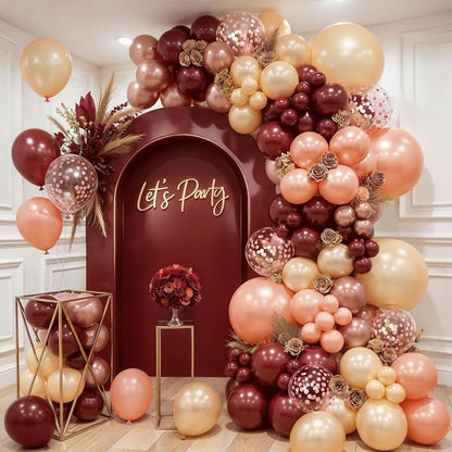 Burgundy Rose Gold Balloon Garland Arch Kit, Pearl Maroon Champagne Rose Gold by Kalyerparty