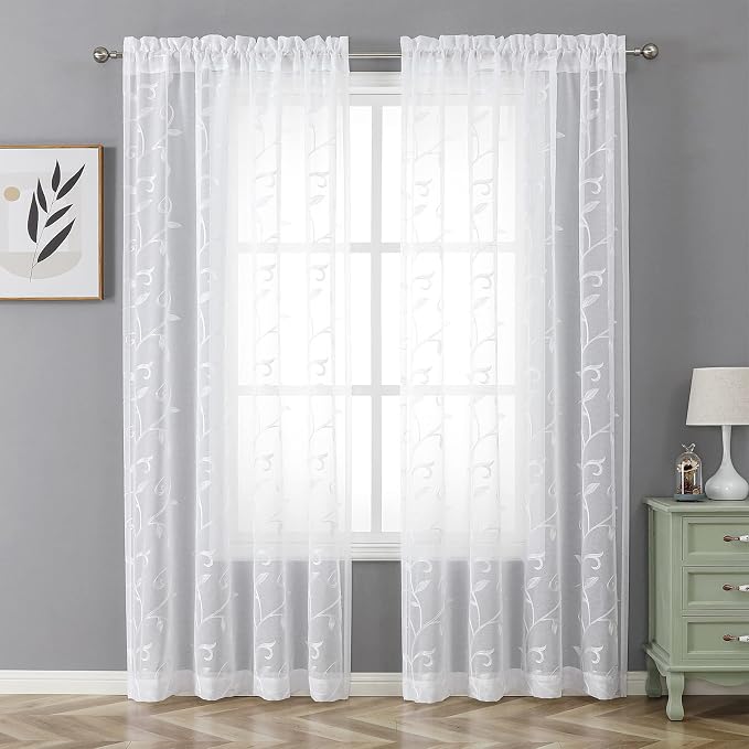 White Sheer Curtains Embroidered Leaves 2 Panels 54Wx84L | Light Filtering - Image 2