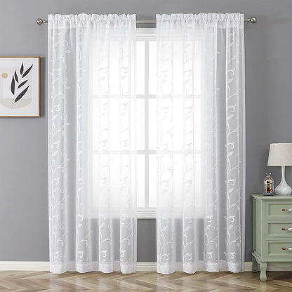 White Sheer Curtains Embroidered Leaves 2 Panels 54Wx84L | Light Filtering - Image 2