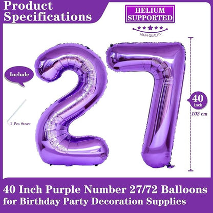 Purple 27 Number Balloons, 40 Inch Giant Number 27 Balloons Foil Mylar Helium - Image 2