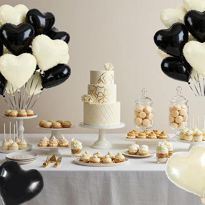 TONIFUL 30 Pcs 18 Inch Black Cream White Heart Shape Foil Mylar Balloons | - Image 4