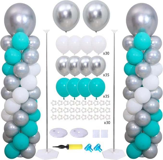 2 Sets Teal Blue Silver White Balloon Column Kit by KINNOGOLDLEAF