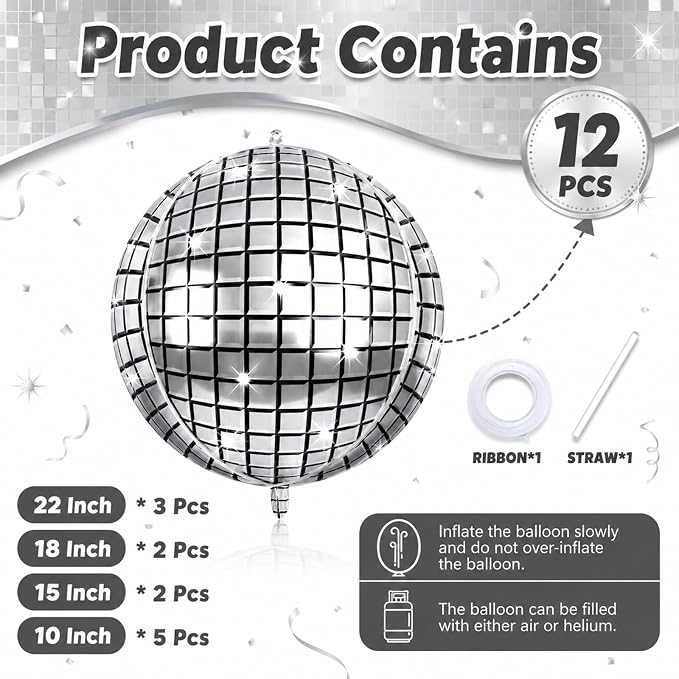 12Pcs Disco Ball Balloons Foil, Giant Metallic Silver Disco Balloons - Image 2