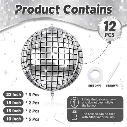 12Pcs Disco Ball Balloons Foil, Giant Metallic Silver Disco Balloons - Image 2