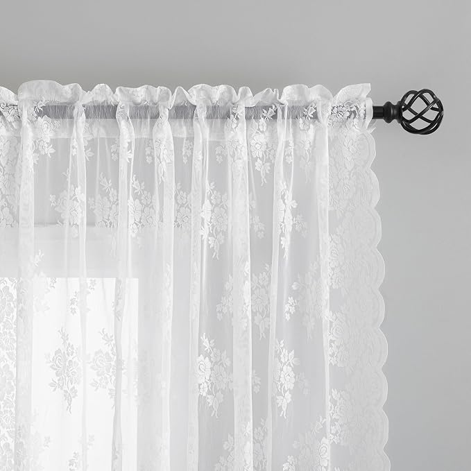 Kotile White Floral Sheer Lace Curtains - Image 2
