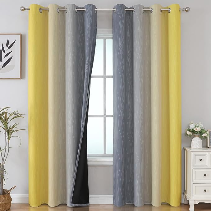 Grey and Yellow Blackout Curtains 84 Inch Length 2 Panels Set, Thermal by ESTELARTEXTILER
