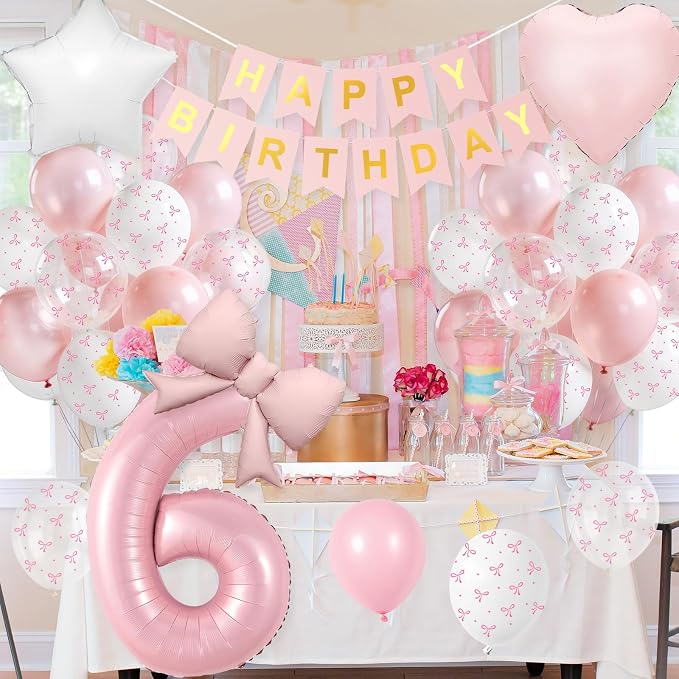 6th Pink Bow Birthday Decorations, 6th Birthday Balloon | Pink White Pastel Bow - Image 9