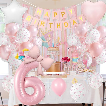 6th Pink Bow Birthday Decorations, 6th Birthday Balloon | Pink White Pastel Bow - Image 9