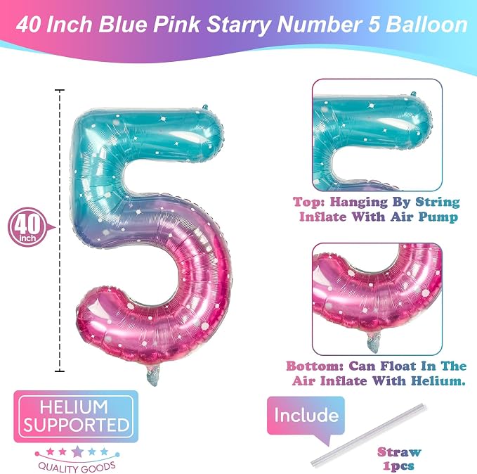 Mermaid Starry 5 Balloons, 40 Inch Giant Teal Blue Purple Mylar Foil Number 0-9 - Image 2