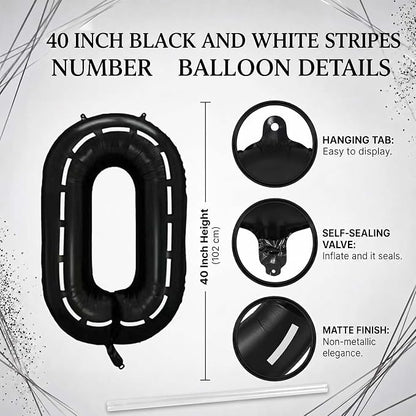 Black and White Stripes Number 0 Balloon 40 Inch, Foil Road Style Numeral | - Image 4