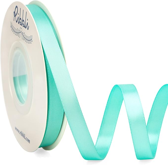 Ribbli Double Faced Aqua Blue Satin Ribbon, 3/8” x Continuous 25 Yards by Ribbli
