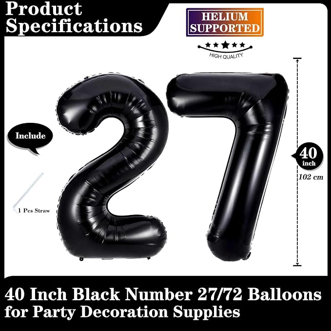 Black 27 Number Balloons, 40 Inch Giant Number 27 Balloons Foil Mylar Helium - Image 2