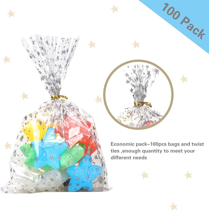 100 Pcs Star Printed 5"X 7" Gift Wrap Cello Cellophane Treat Bags Party Favor - Image 3
