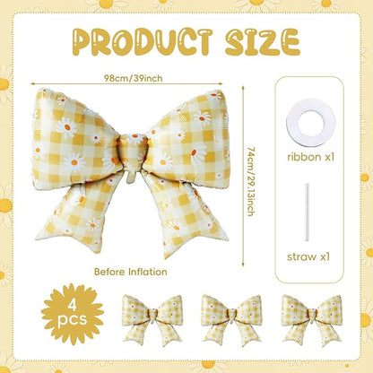 4 PCS Daisy Bow Balloons, Large Yellow Gingham Coquette Foil Balloon Set | - Image 2