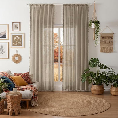 WAZZIO Boho Lace Curtains 84 Inches 2 Panel, Light Filtering Privacy Tassel & - Image 3