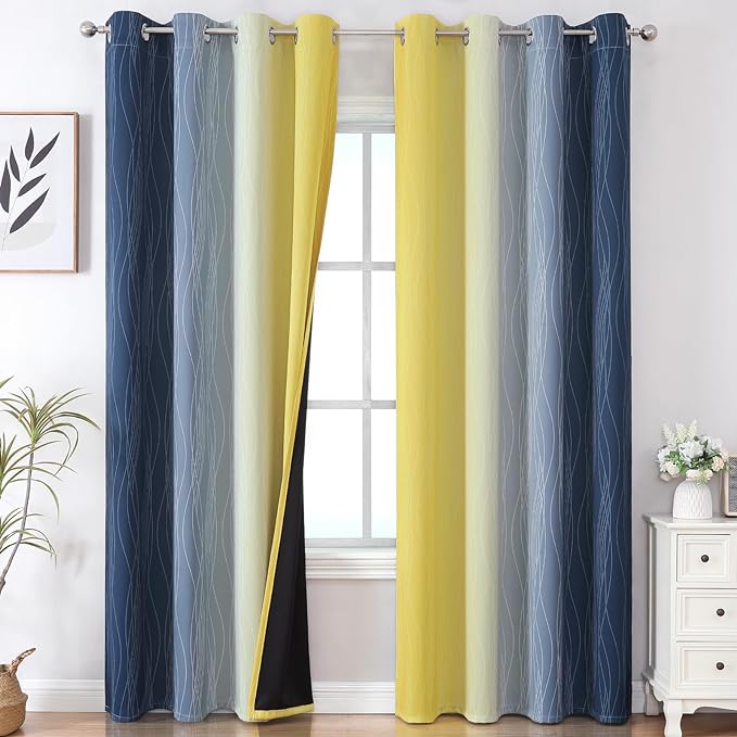 Navy Blue and Yellow Ombre Blackout Curtains 90 Inches Long 2 Panels by ESTELARTEXTILER
