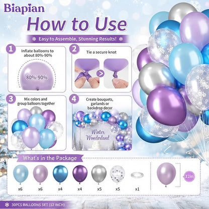 Frozen Balloons, 12 Inch Purple Blue White and Silver Balloons - Image 5
