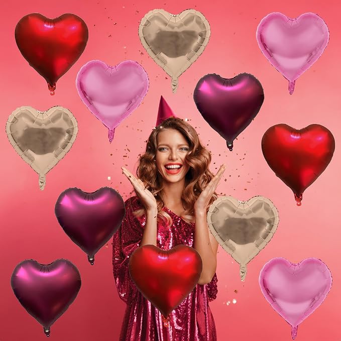 Wine Red Heart Balloons, 18 Inch 12 Pcs Burgundy Red and Pink Foil Heart - Image 6