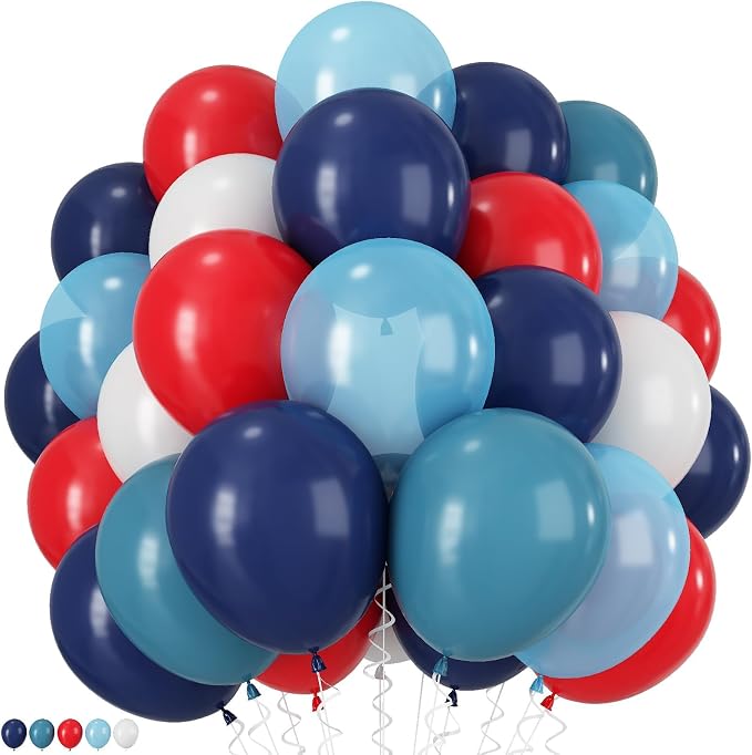 Red Blue White Balloons, 12Inch 60Pcs Retro Navy Blue Matte Red and White by TAOYE