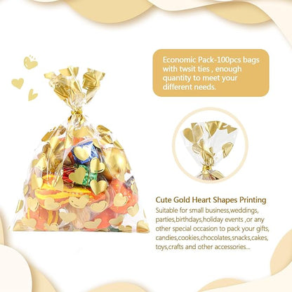 COQOFA 50 Pcs 9X12 IN Gold Heart Cello Cellophane Treat Bags - Image 3
