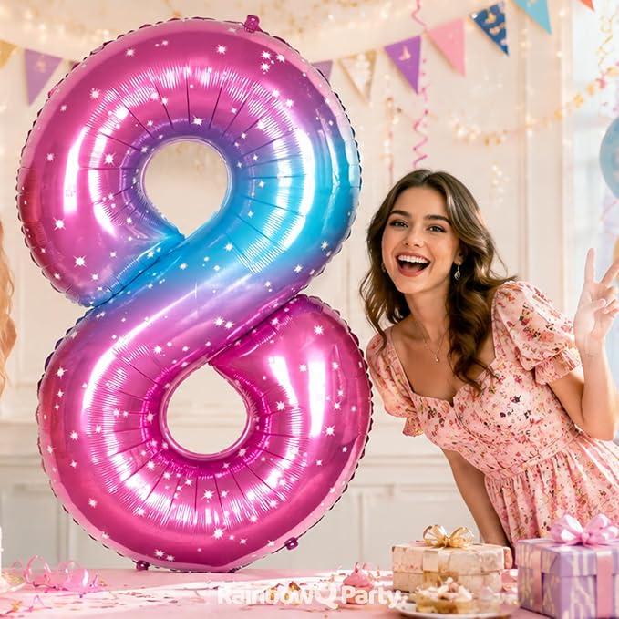 RainbowQ Blue Pink 8 Balloon Number 40 Inch Big 0-10 Foil Large Balloon | - Image 2