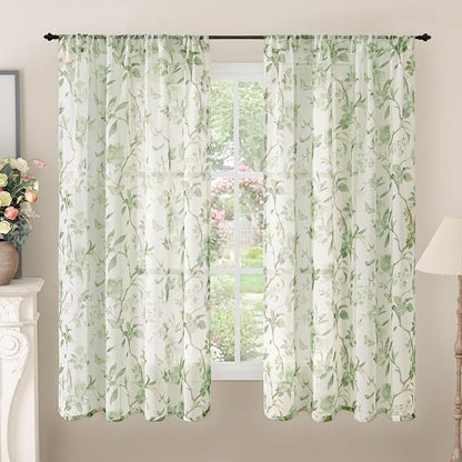 Sage Green Curtains for Bedroom Sheer, Spring Leaf Vines Patterned Farmhouse by Lajode