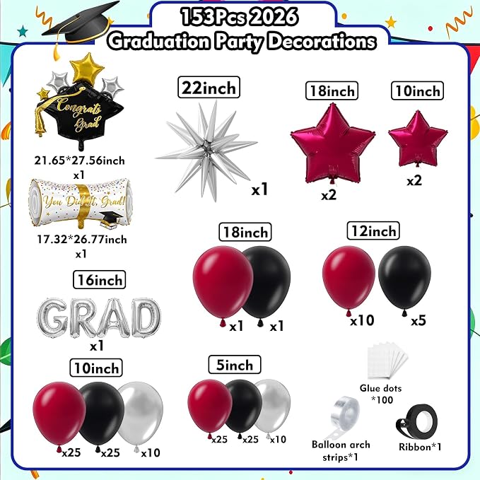 Graduation Balloons Garland Kit 153Pcs, Maroon Black Silver Balloon Arch Kit - Image 2