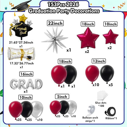 Graduation Balloons Garland Kit 153Pcs, Maroon Black Silver Balloon Arch Kit - Image 2
