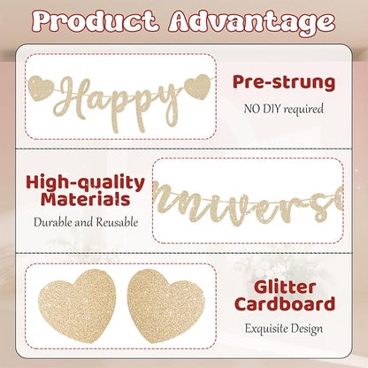 Happy Anniversary Banner, Pre-Strung Gold Glitter Wedding Anniversary - Image 3