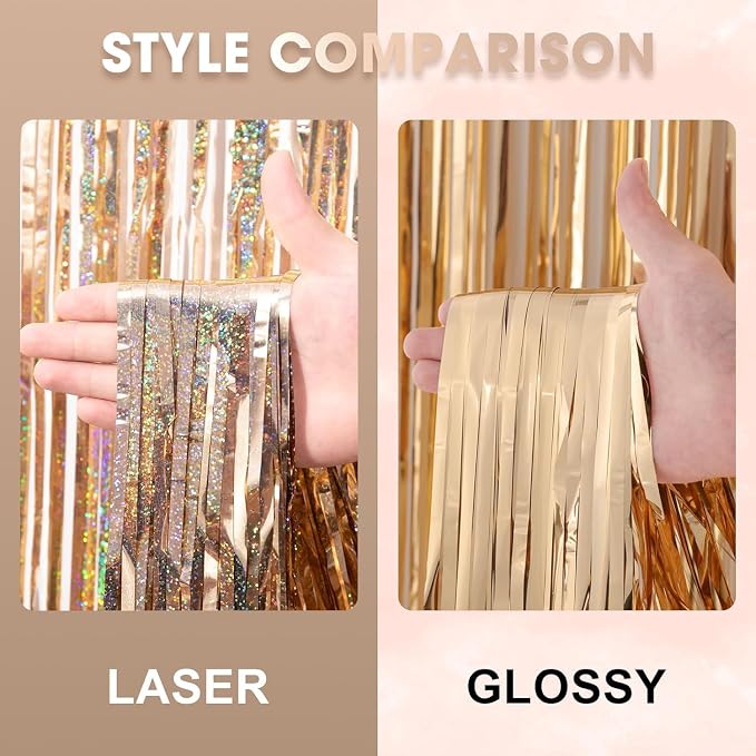 Voircoloria Laser Champagne Foil Fringe Backdrop Curtains, 2 Pack | Tinsel - Image 4