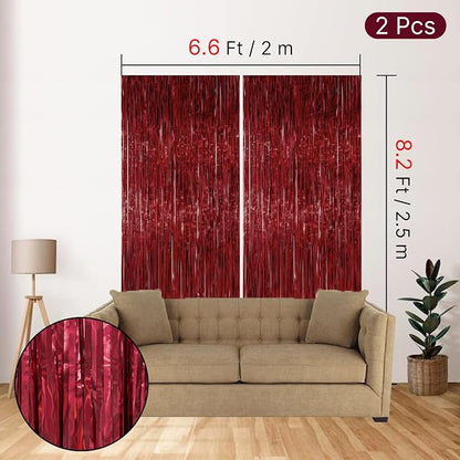 PartyWoo Red Foil Fringe Tinsel Streamers Backdrop Curtain 2pcs 8.2FT | Red - Image 4