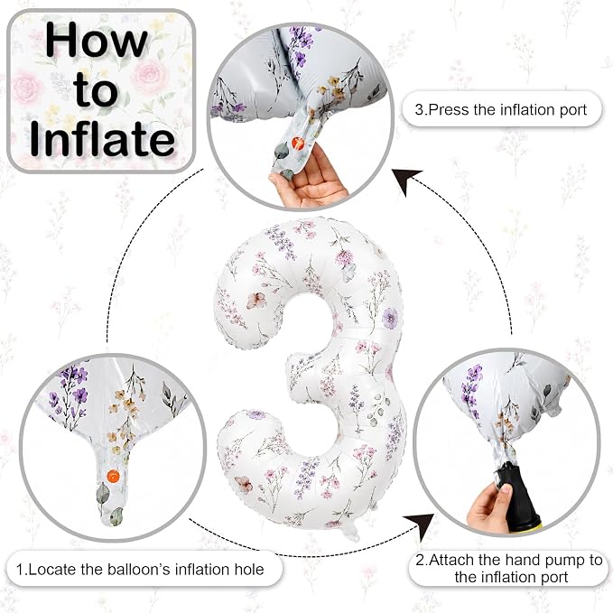 3rd Birthday Decorations for Girls, 40 Inch White Floral Number 3 Balloons | - Image 8
