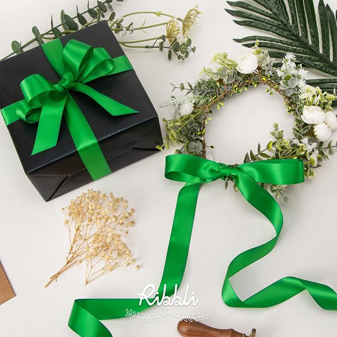 Ribbli Emerald Green Double Faced Satin Ribbon, 1” x Continuous 25 Yards - Image 3
