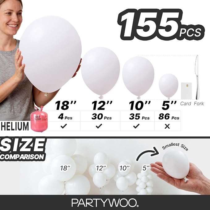PartyWoo White Balloons 155pcs Matte White Latex Balloons Different Sizes | 18 - Image 6
