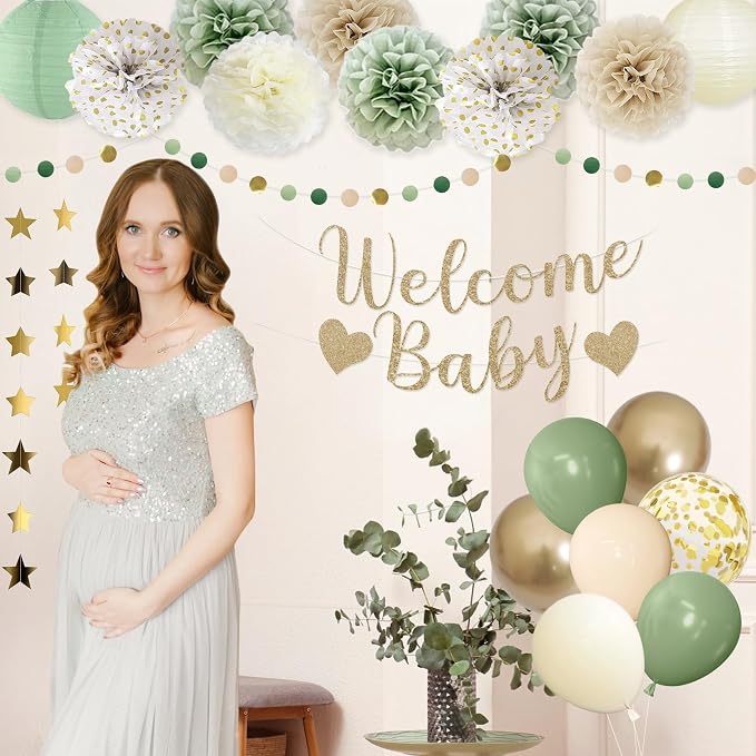 Amandir Sage Green Baby Shower Decorations Welcome Baby Banner | Green Balloons - Image 6