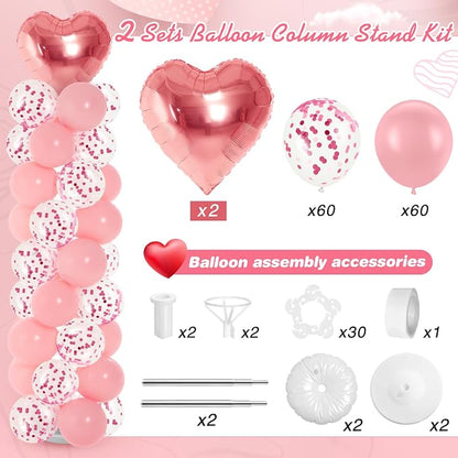 Realspring 2 Sets Wedding Pink and Rose Gold Heart Shape Balloons Column Stand - Image 3