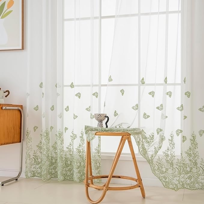 White Sheer Voile Curtains Green Embossed Butterflies 84 Inches | Light by VISIONTEX