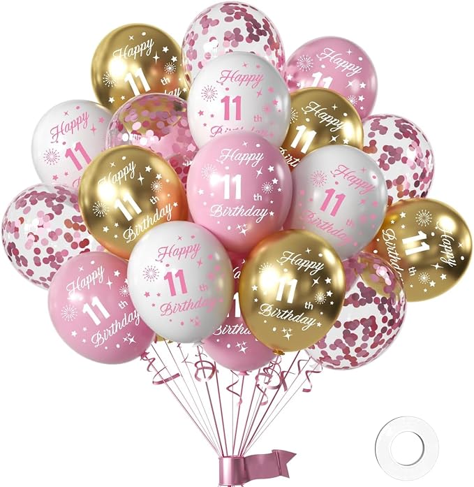 Pink 11th Birthday Balloons for Girls 11th Birthday Party Decorations, 12inch by Hongplus