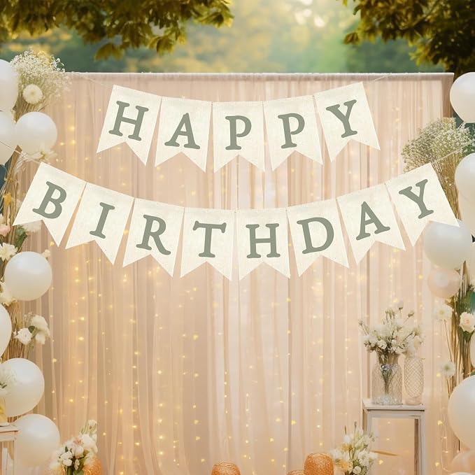 Green Happy Birthday Banner Sage Olive Pre-strung Burlap Bunting Party Backdrop - Image 4
