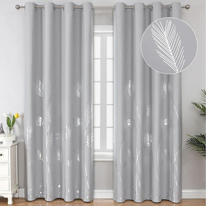 Light Grey Blackout Curtains for Sliding Door Silver Palm Tree Design Pattern by ESTELARTEXTILER