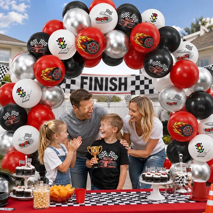Race Car Balloons, 12 Inch Racing Car Latex Balloon | Red Black White Print - Image 7