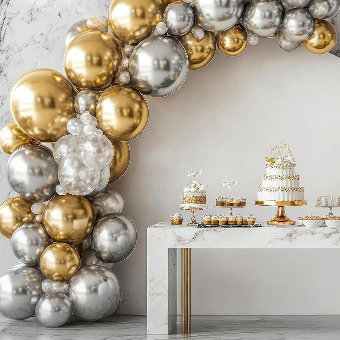 RUBFAC Metallic Silver Balloons Different Sizes Balloon Arch 154pcs | Garland - Image 7
