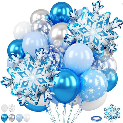 Snowflake Balloons, 12 Inch Metallic Blue Silver White Snowflake Print Confetti by FunHot