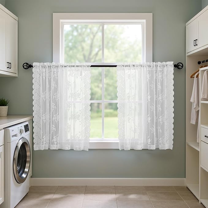 Kotile White Lace Kitchen Curtains Rustic Floral W52 x L36 Inch, 2 Panels | Rod - Image 4