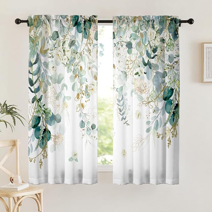 Green Eucalyptus Leaves Curtains 63 Inch Length 2 Panels, Elegant Wild Flower - Image 4
