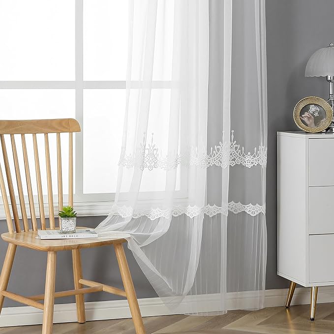 White Sheer Voile Curtains White Embossed European 54Wx96L Inch | Light by VISIONTEX